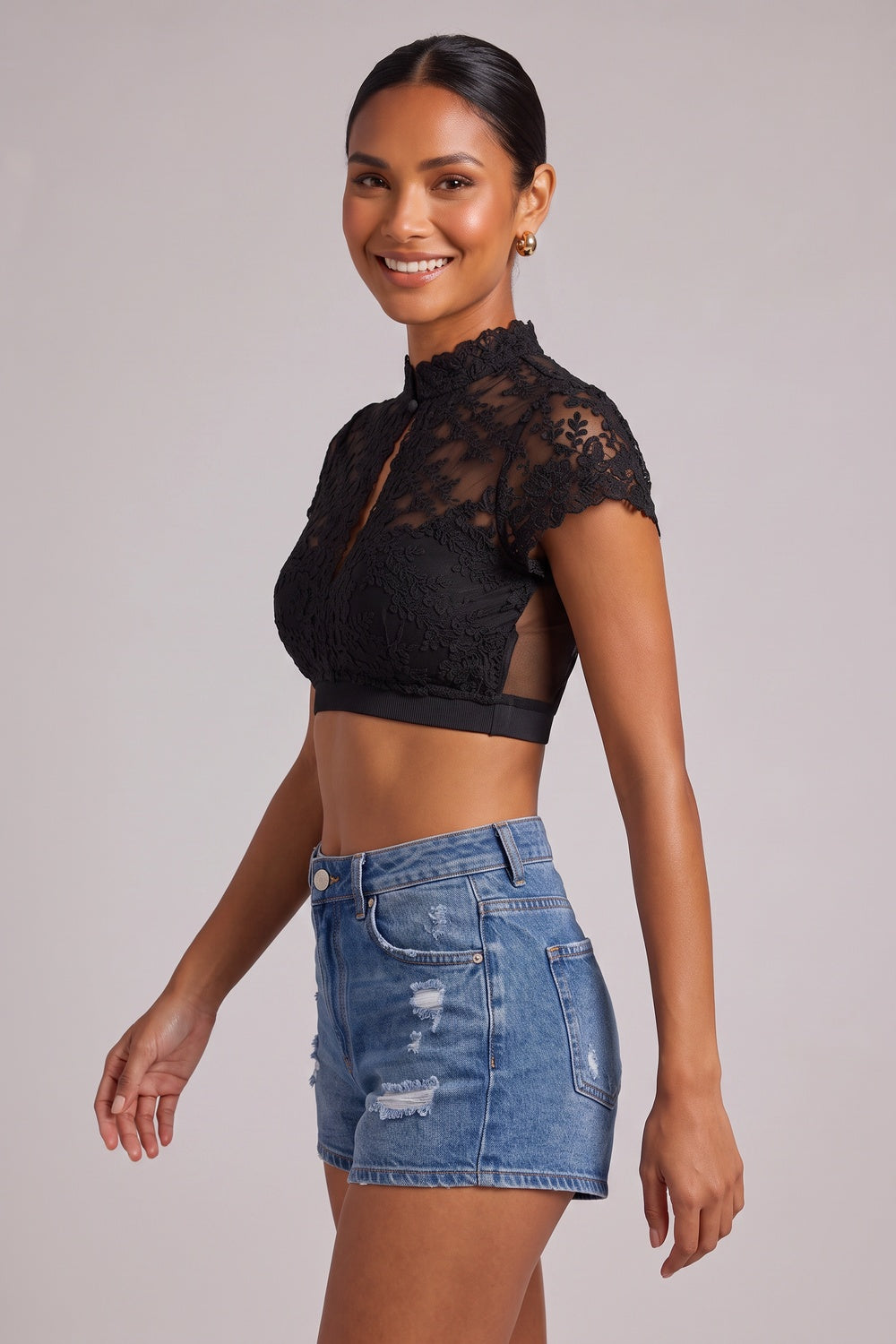 black floral lace fitted crop top black floral lace crop top - product view 3