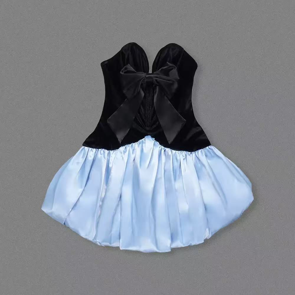 Stanski Strapless Velvet Bow Puffy Satin Mini Dress