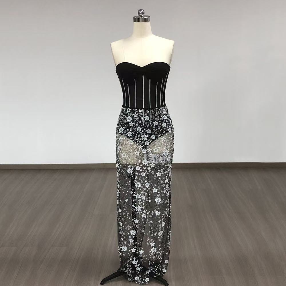 Ophélie black Strapless Corset Sheer sequined flower midi dress