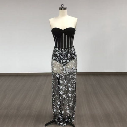 Ophélie black Strapless Corset Sheer sequined flower midi dress