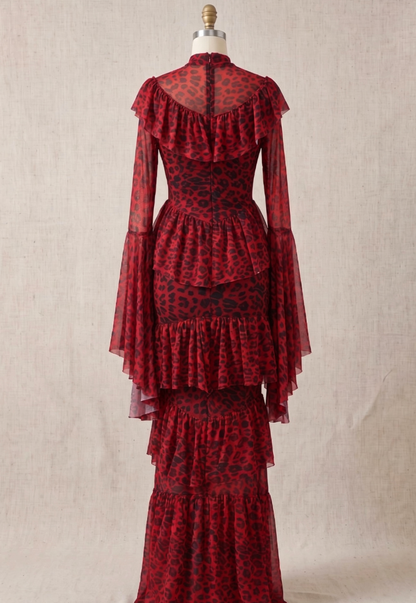 Red Sheer Mesh Tiered Maxi Dress