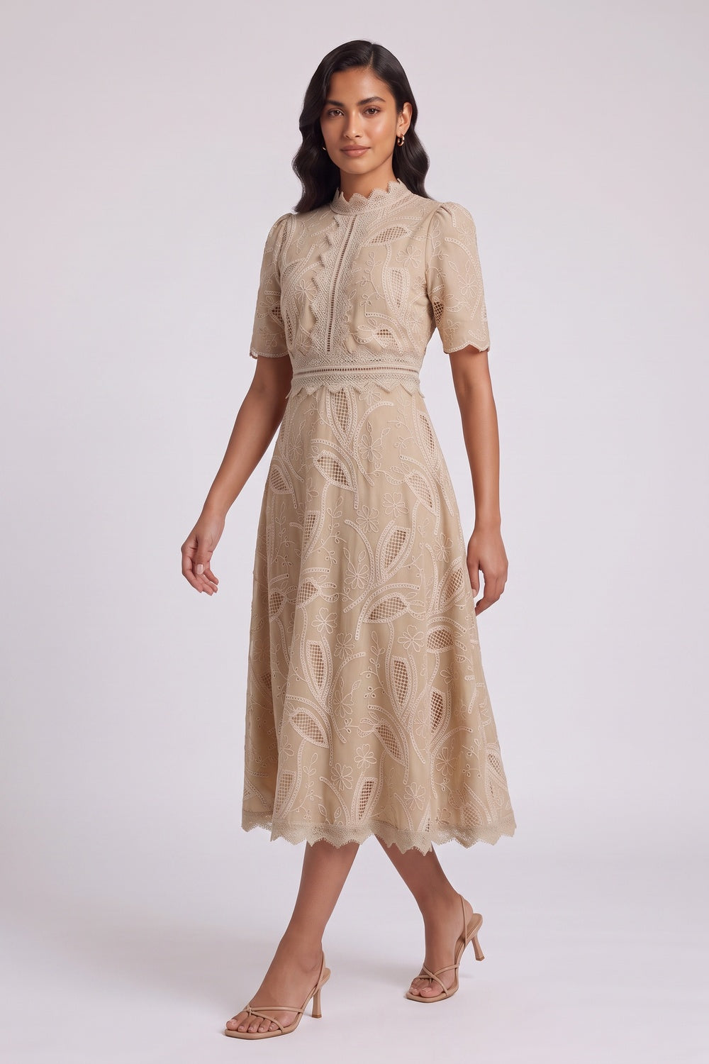Beige Embroidered Organza A-Line Midi Dress beige embroidered organza or linen-blend dress - product view 3