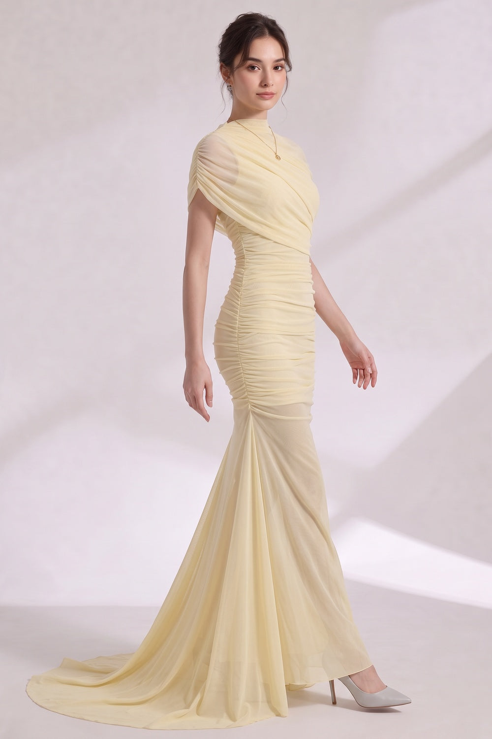 pale yellow sheer mesh fitted mermaid evening gown with sheer train pale yellow sheer mesh evening gown - product view 2