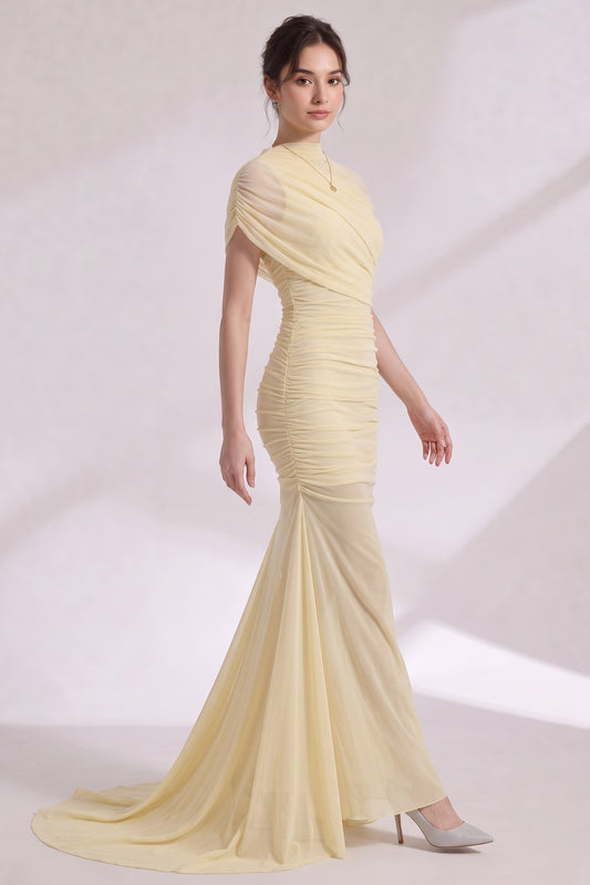 pale yellow sheer mesh fitted mermaid evening gown with sheer train pale yellow sheer mesh evening gown - product view 2