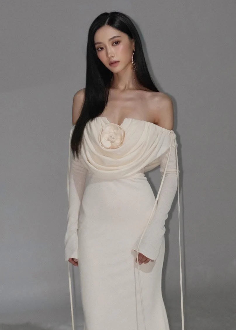 lila flower embellished pleated strapless maxi dress in white