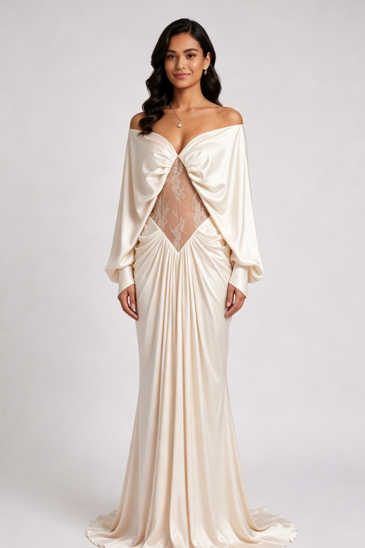 champagne satin column gown