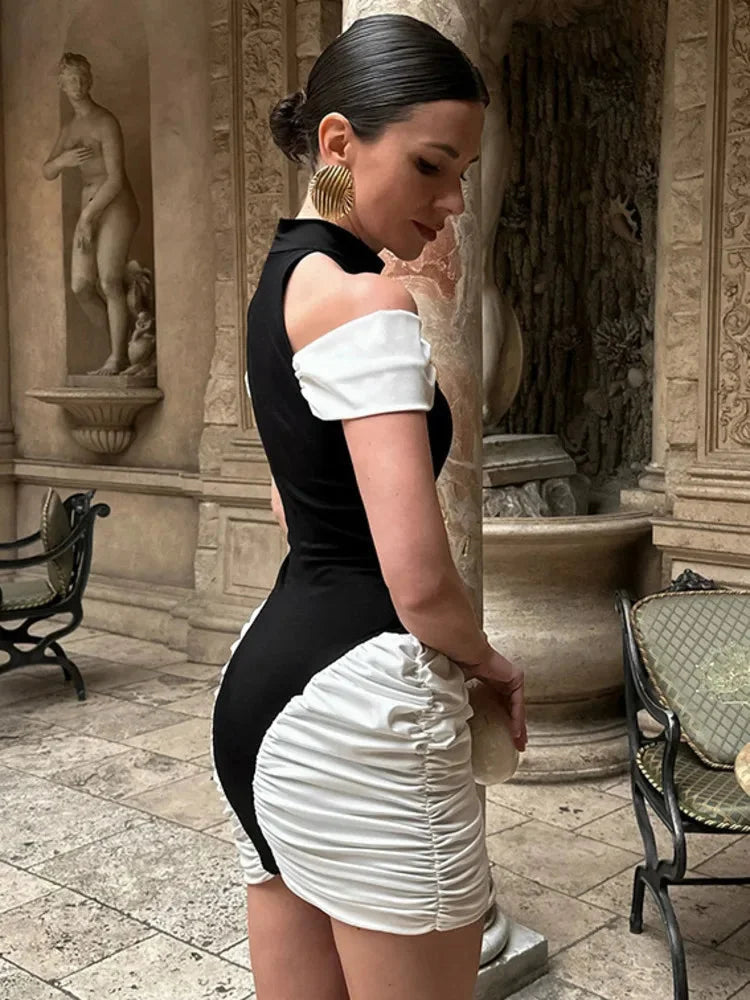 black-white Panel Sleeveless Gathered Halter mini Dress