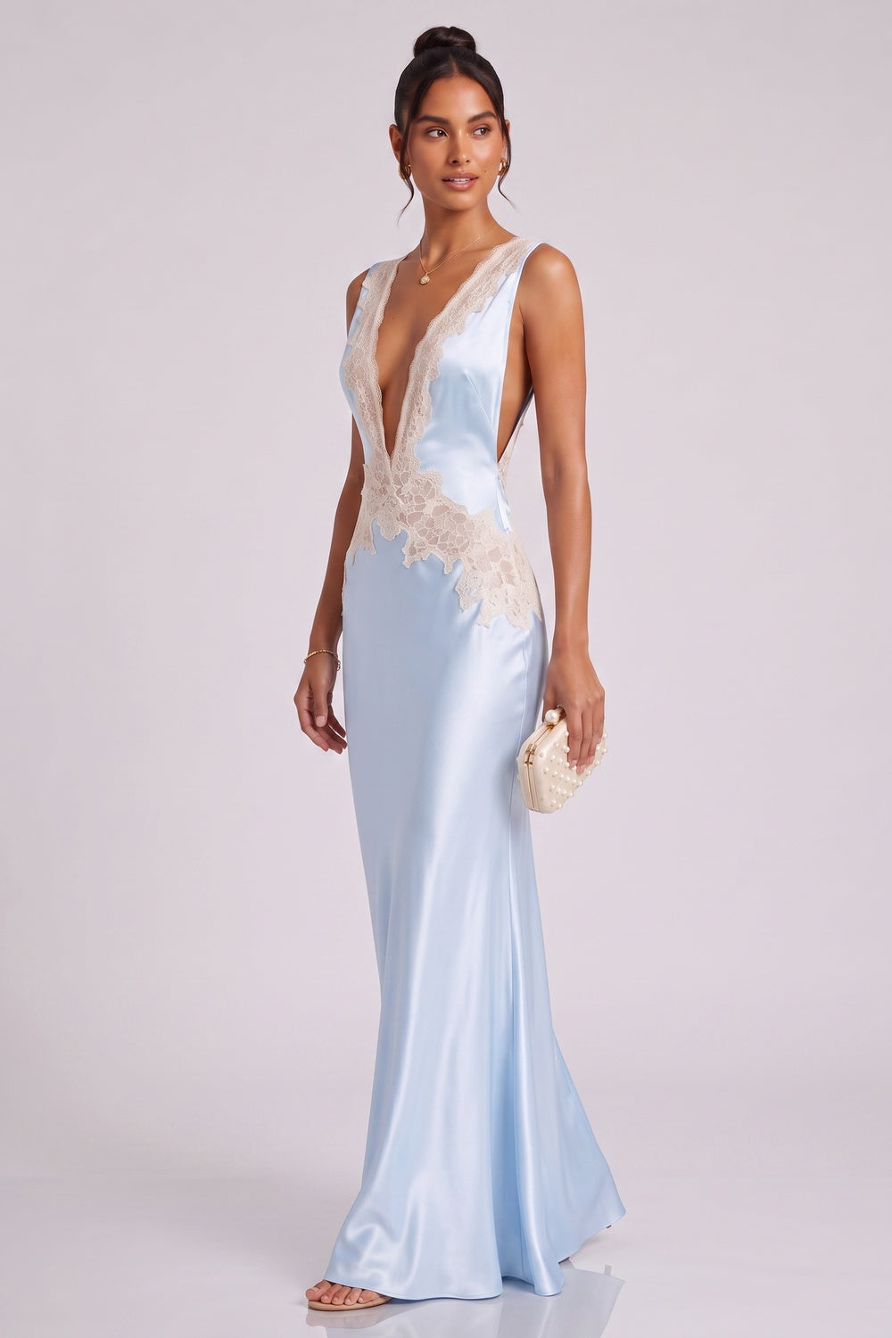 Light Blue Satin Slip Gown with Lace Applique light blue satin gown - product view 3