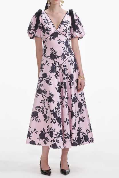 v-neck Satin Floral Midi Dress in pink