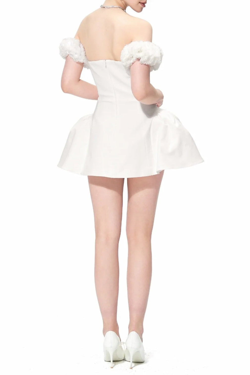 sherry Flower strapless puffy mini dress in white