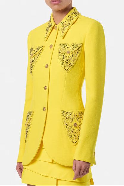anila Studded Wool Fitted Single-Breasted Blazer in yellow