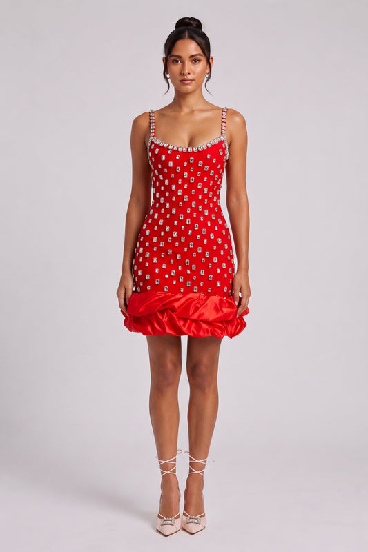 Red Structured Crepe Fitted Bodycon Dress with Bubble Hem red structured crepe dress - product view 1