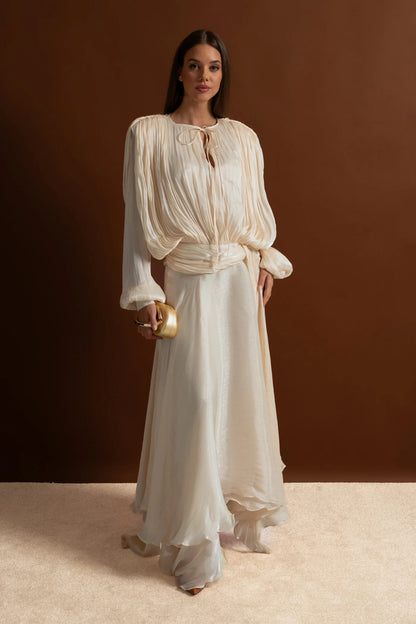 ivory Pleated Bodice Draped puff sleeve Maxi Dress
