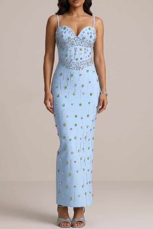 Spaghetti Strap Sweetheart Neck Two-Tone Rhinestone Midi Dress