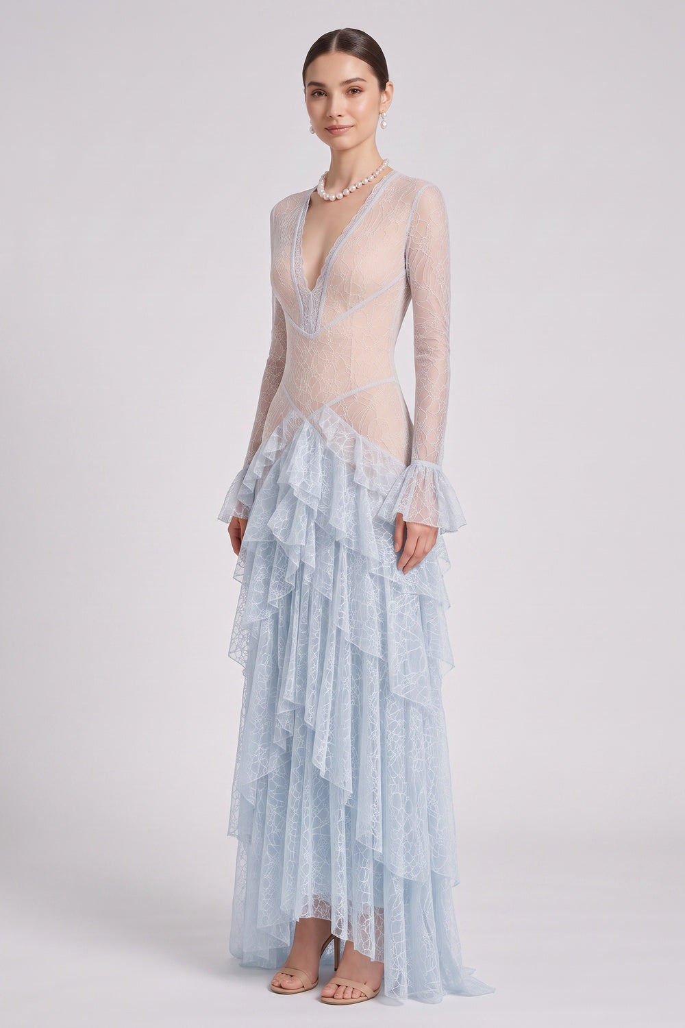 Light Blue Floral Lace Tiered A-Line Gown light blue floral lace gown - product view 2