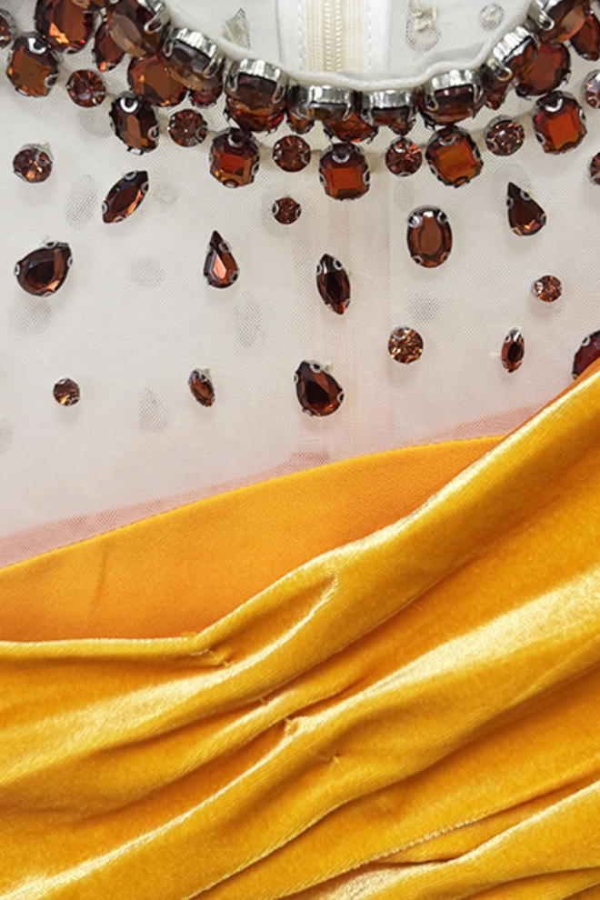 Yellow Velvet Off-Shoulder Beaded Evening Gown