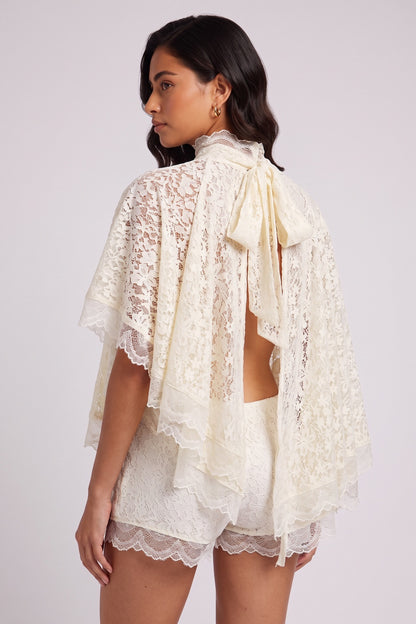 Cream Lace High Neck Tiered Ruffle Cape Blouse & Lace Shorts Two-Piece Set