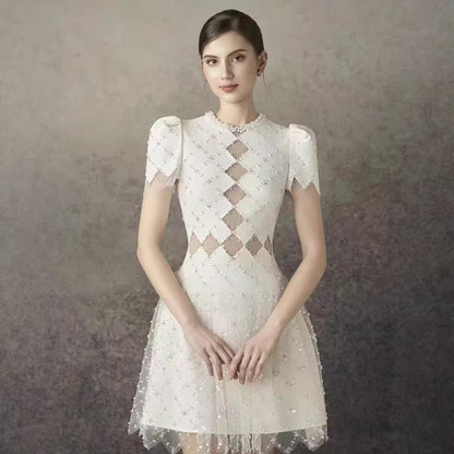 Henrietta Ivory Sequin Mini Dress with Mesh Panels