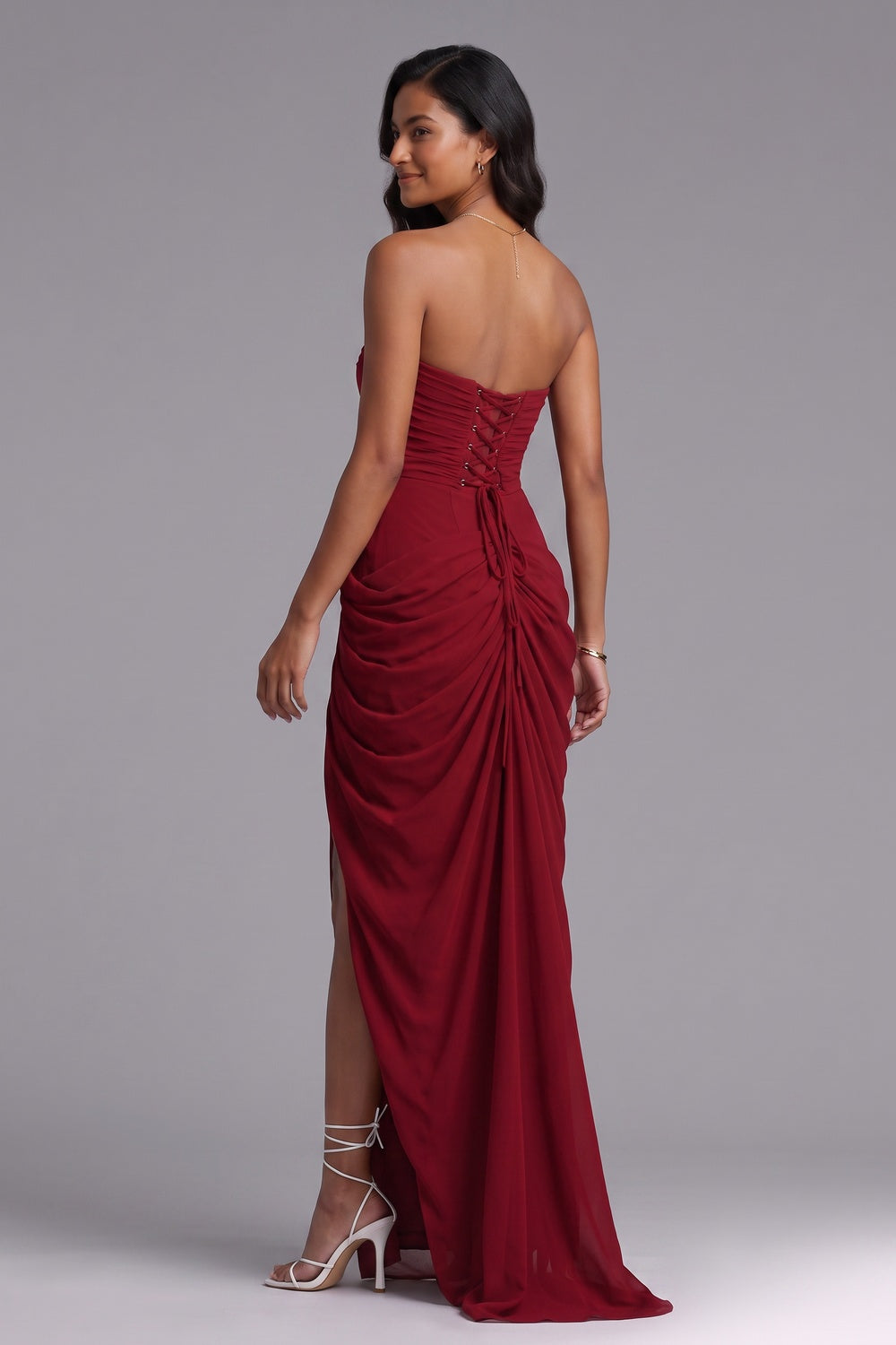 Deep red Chiffon or lightweight crepe Draped column with high slit Evening gown Deep red Chiffon or lightweight crepe Evening gown - product view 3