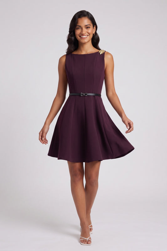 Deep Plum Structured Crepe Fit-and-Flare Mini Dress deep plum structured crepe dress - product view 1