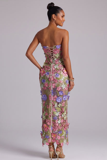 3D Floral Appliqué Strapless Maxi Dress Premium Fabric - product view 3