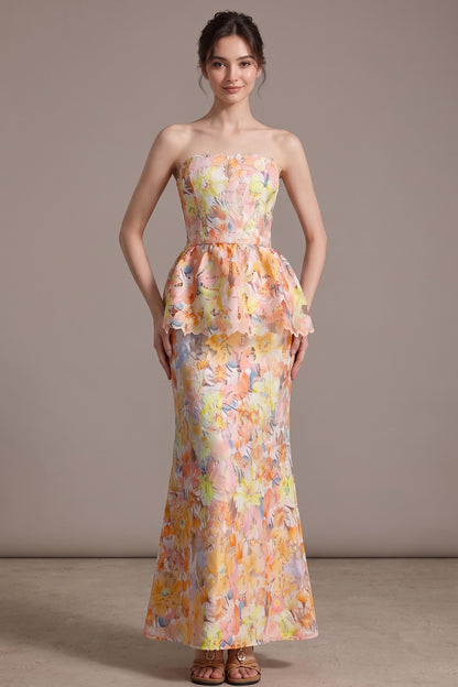 Yellow Laser-Cut Lace Column with Peplum Gown yellow, pink, orange laser-cut lace gown - product view 3