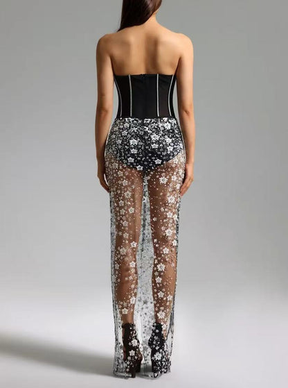 Ophélie black Strapless Corset Sheer sequined flower midi dress