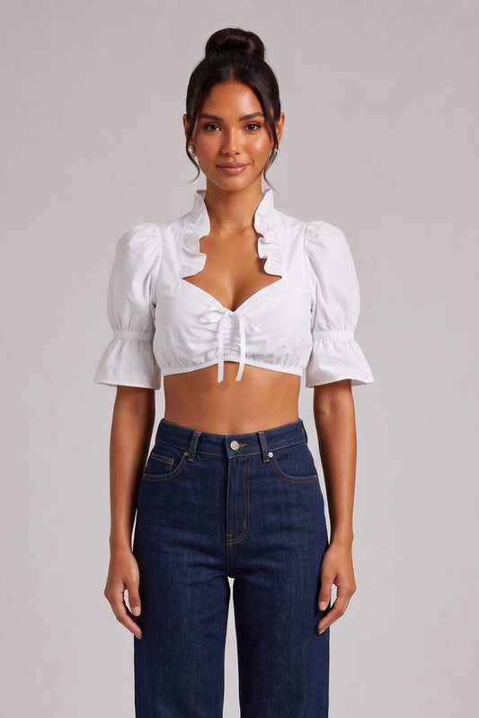 white cotton woven cropped puff-sleeve dirndl crop blouse white cotton woven dirndl crop blouse - product view 1