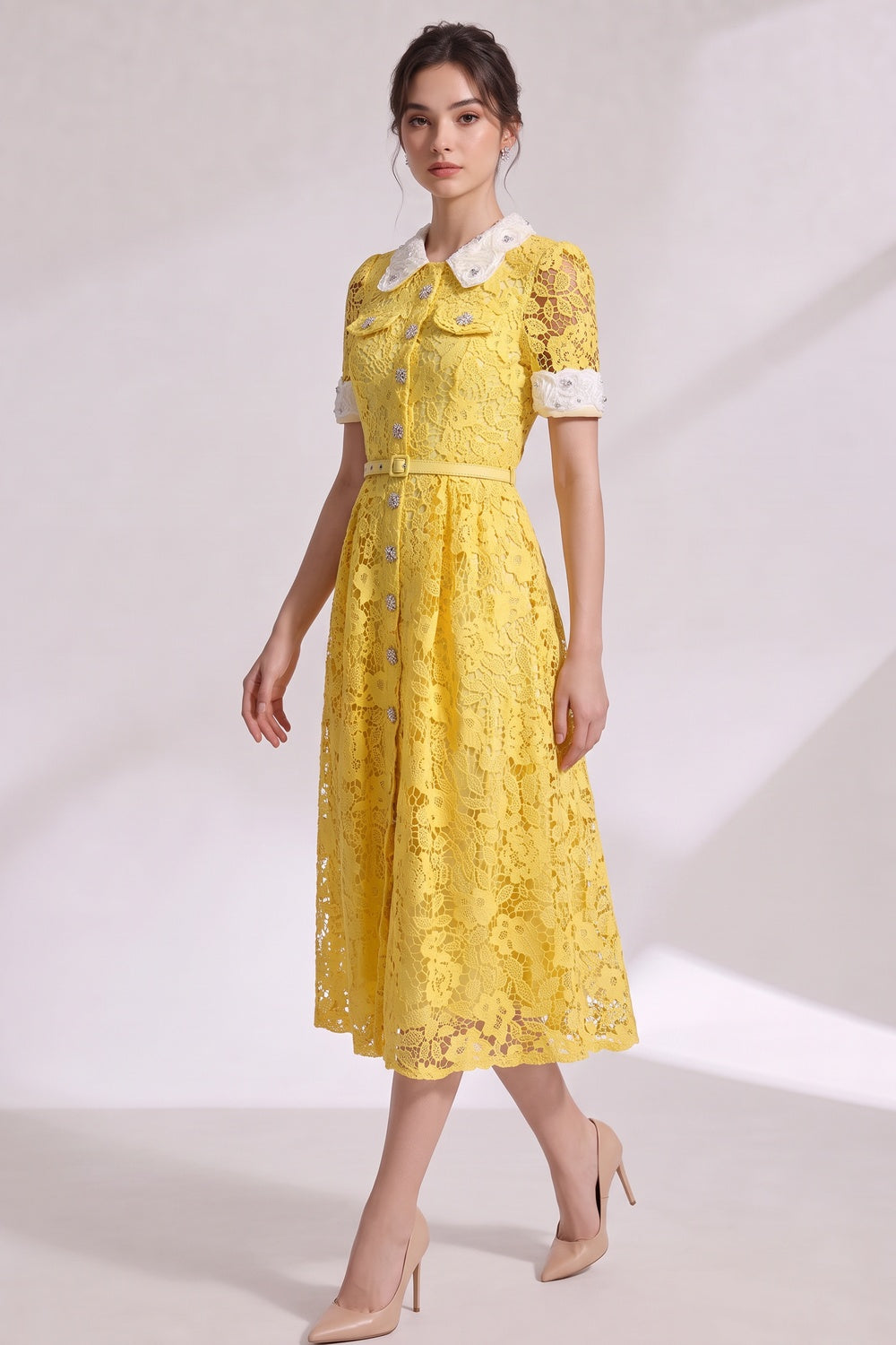 Yellow Guipure Floral Lace A-Line Midi Dress yellow guipure floral lace dress - product view 3