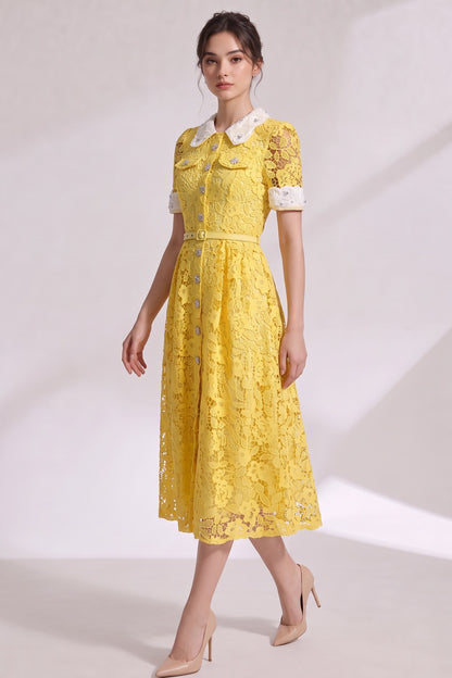 Yellow Guipure Floral Lace A-Line Midi Dress yellow guipure floral lace dress - product view 3
