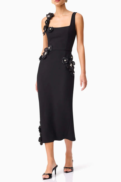 sabrina 3d flower Midi Dress in Black