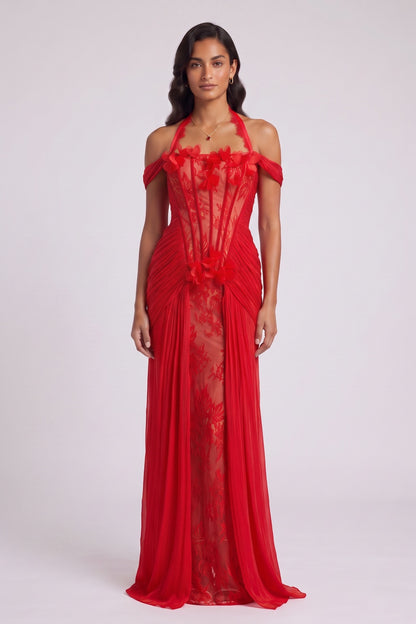 Red Halter Neck Floor-Length Gown with Floral Appliqué Premium Fabric - product view 3