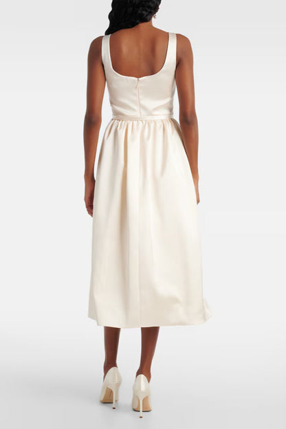polly floral-appliqué satin midi dress in ivory