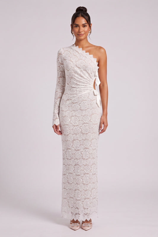 White Floral Lace One-Shoulder Column Gown white floral lace gown - product view 3