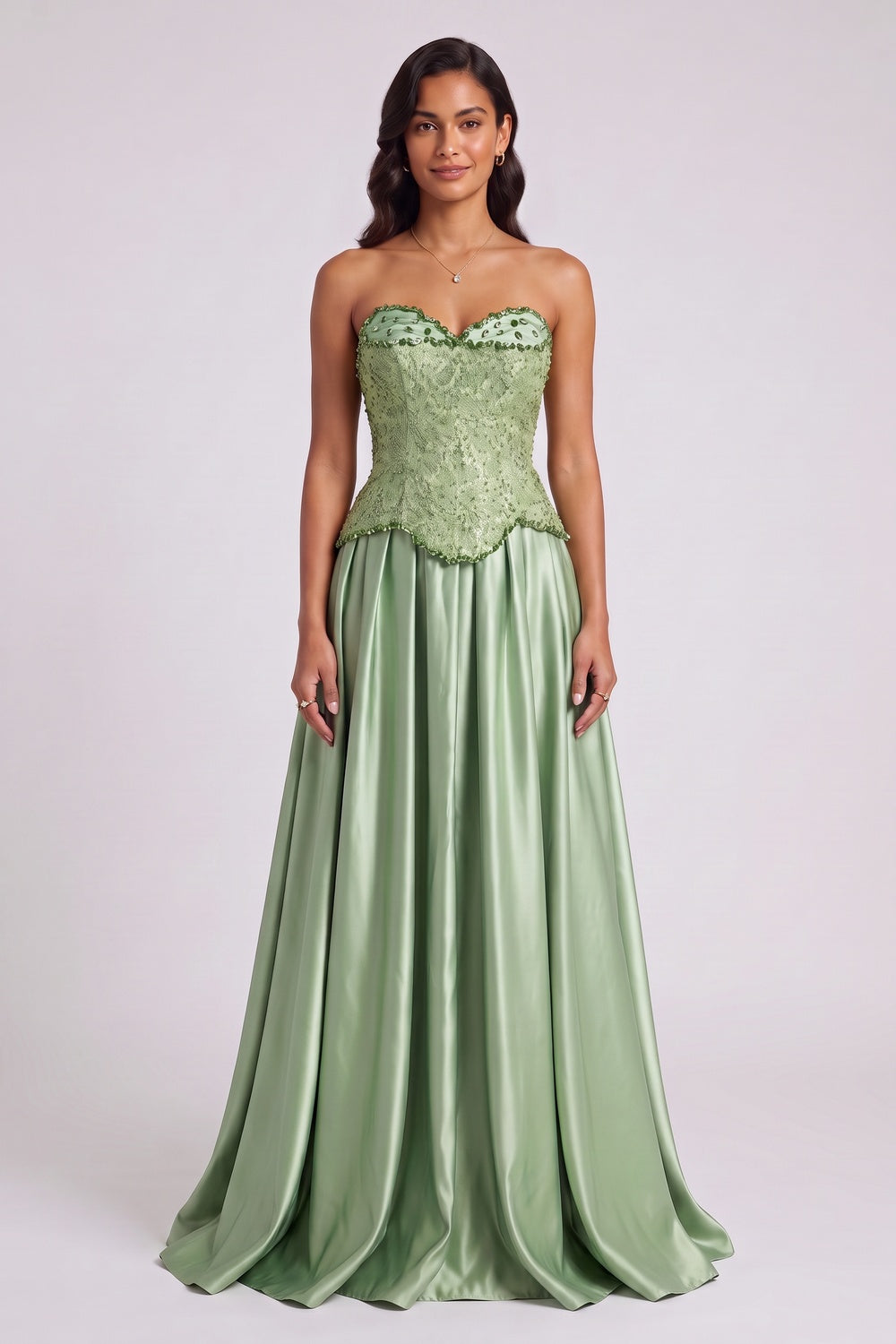Sage Green Strapless Floor-Length Gown with Embellished Bodice Premium Fabric - product view 5