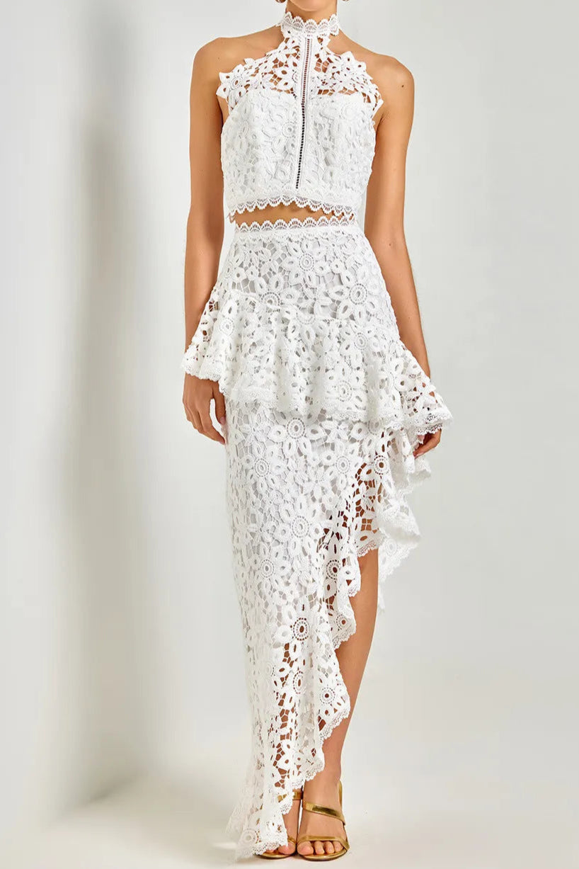 Lace sleeveless top irregular skirt set in white