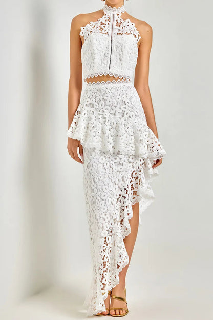 Lace sleeveless top irregular skirt set in white