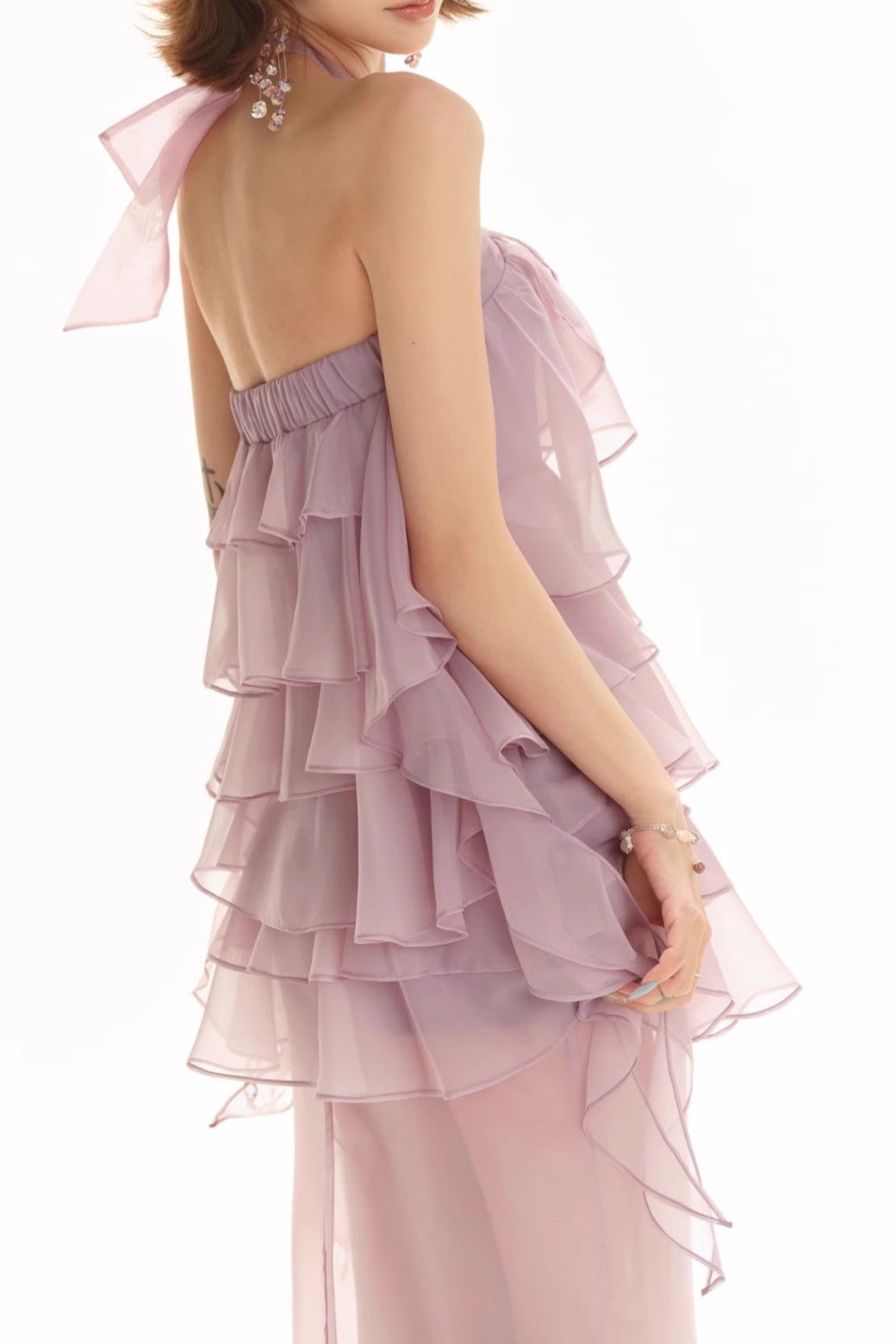 Backless Multi-layer Ruffle slit maxi dress in lilac