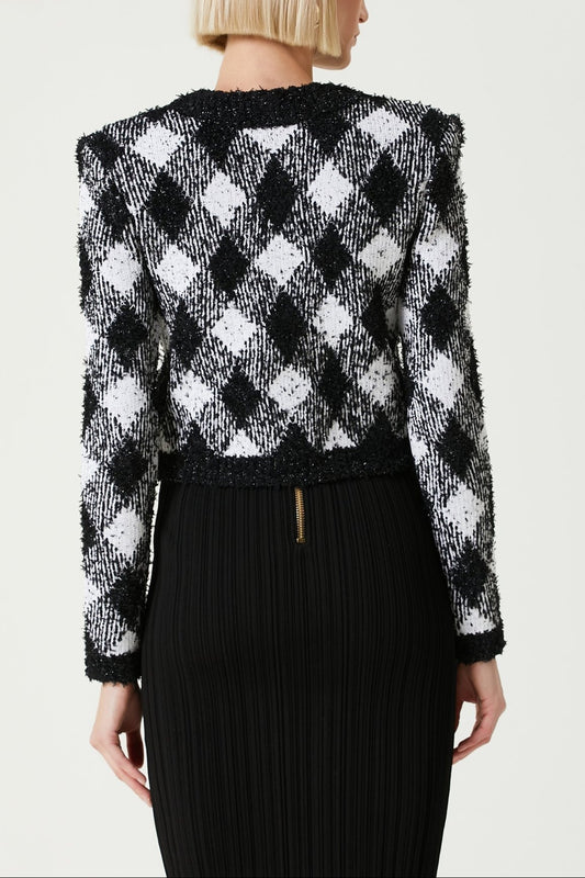 Black White Gingham Tweed Cardigan