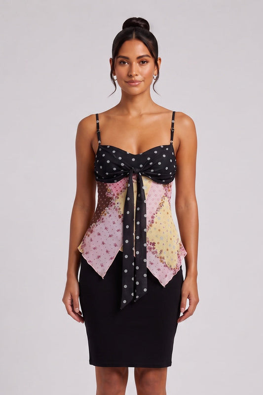 Black Sheer Chiffon Fitted Bodice with Asymmetrical Handkerchief Hem Camisole Top black, pink, yellow, brown sheer chiffon camisole top - product view 1