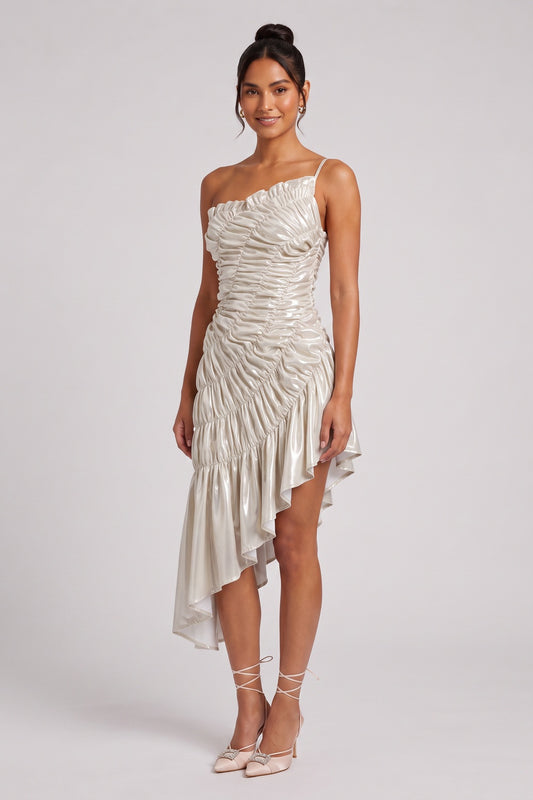 Champagne Gold Metallic Ruched Asymmetrical Dress champagne gold, pale silver metallic synthetic blend dress - product view 1