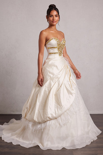 Cream Satin Ballgown Gown with Rhinestone Bodice and Feather Trim cream, ivory satin gown - product view 4