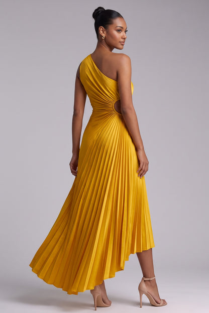 Yellow One-Shoulder Pleated Midi Dress Premium Fabric - product view 4