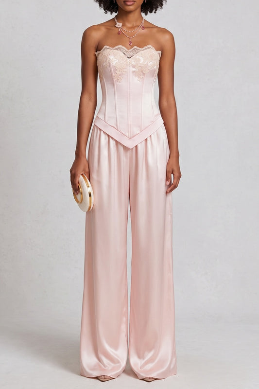 Strapless Lace Trim Satin Top & Wide Leg Pant Co-ord Set