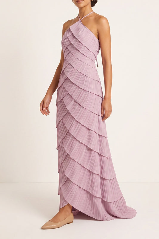 Halter Layered Pleated Maxi Dress