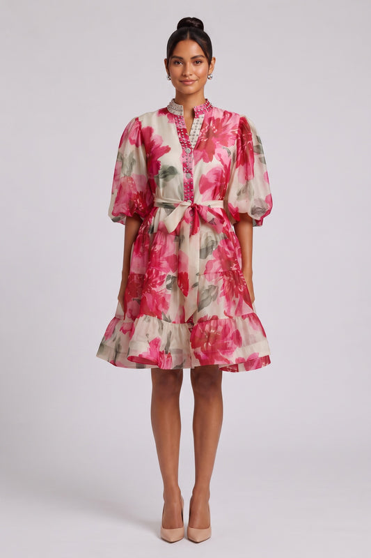 Cream Organza Watercolor Floral A-Line Dress with Puff Sleeves cream, off-white organza dress - product view 1