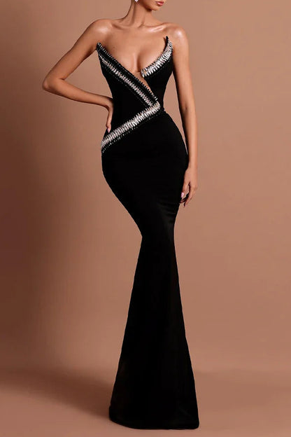 tiffany off-shoulder Rhinestone maxi dress in black
