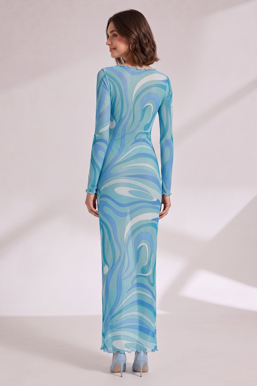 Blue Abstract Wave Maxi Dress with Scalloped Details Premium Fabric - product view 4