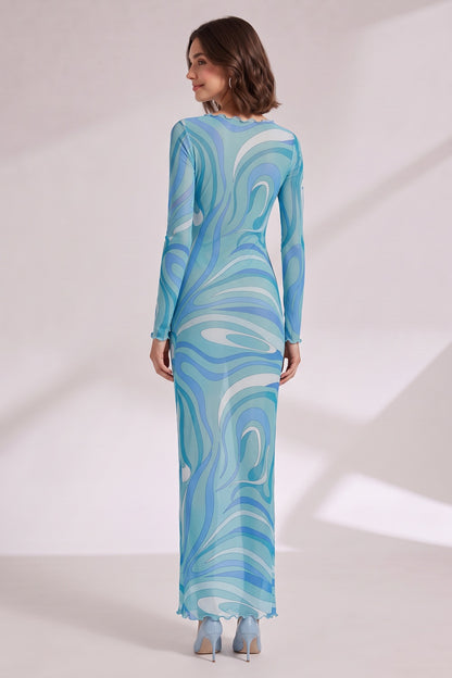 Blue Abstract Wave Maxi Dress with Scalloped Details Premium Fabric - product view 4