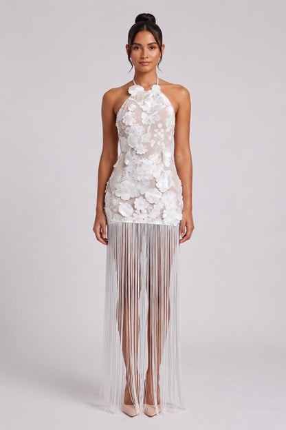 White Lace 3D Floral Appliques Bodycon Mini Dress with Floor-Length Fringe Overlay white lace with 3D floral appliques dress - product view 1